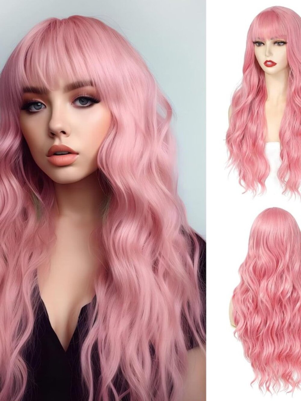 Pink Wig With Bangs Long Wavy Wigs for Women 26 Inch